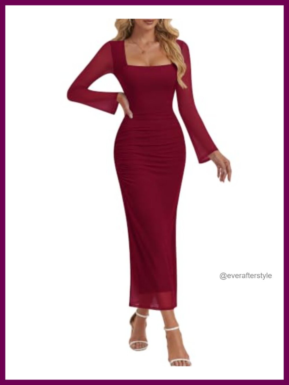 Womens Long Sleeve Square Neck Mesh Bodycon Mermaid Maxi Cocktail Dress